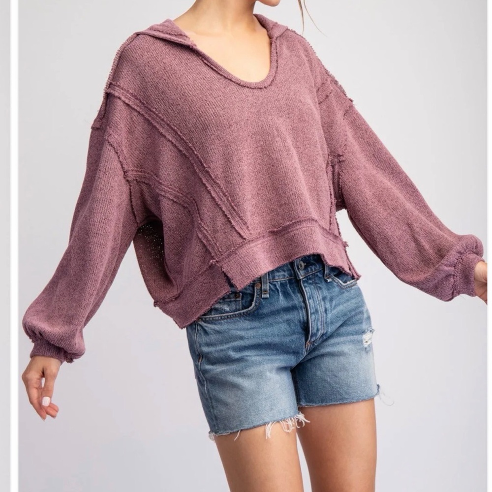 Eesome Hooded Cropped Sweater Burgundy Wine Oversized Pullover Small